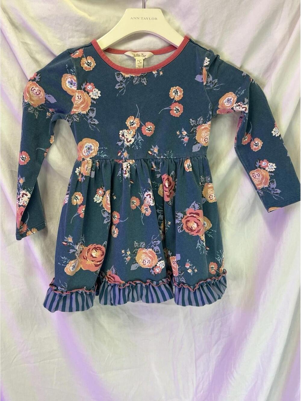 Matilda Jane Youth Girls Size  N4 Teal Floral Long Sleeve Ruffled Dress